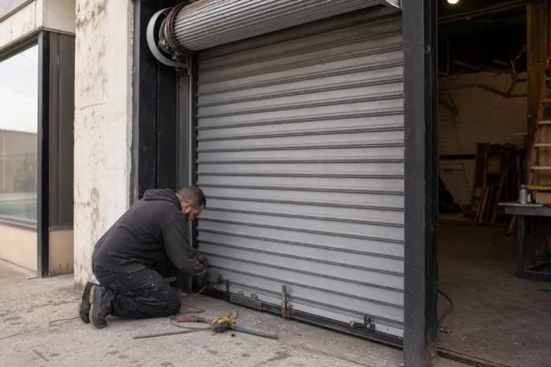 Person kneeling beside the bottom of a metal rolling door with tools on the ground — Commercial Rolling Door Repair, Burlington