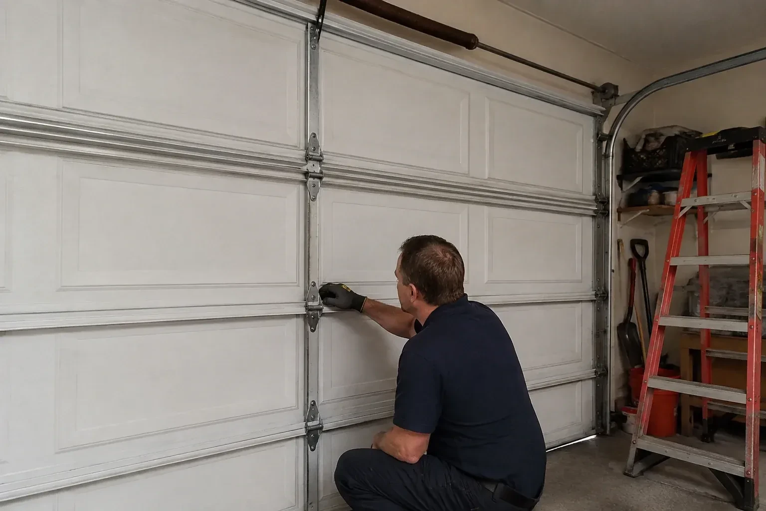 A person examines a central hinge joining two sections of a closed garage door. — Garage Door Hinge Replacement, Burlington