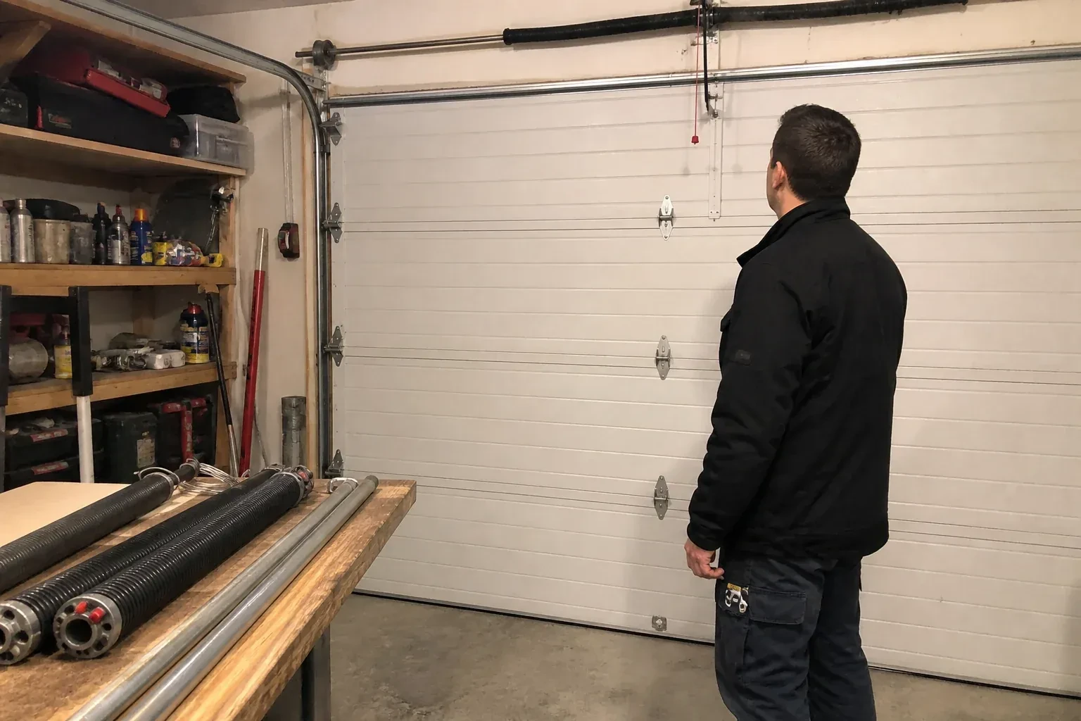 Person in a jacket facing a closed white sectional door, with coiled springs and steel tubes on a wooden bench. — Extension Spring Replacement, Burlington