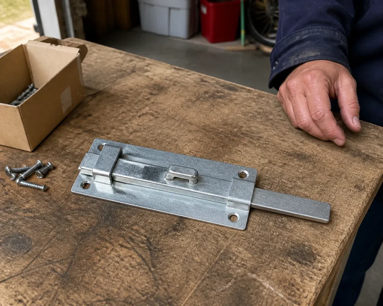 A detached metal slide bolt with mounting holes and retaining guides rests beside screws on a workbench. — Garage Door Manual Lock Repair, Burlington