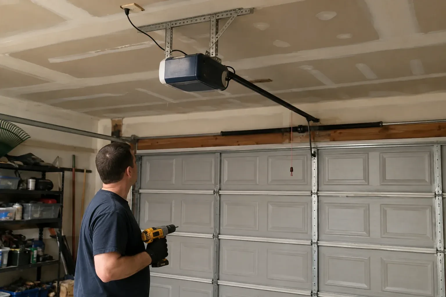 Person holding a yellow drill and looking up at a blue and white opener above a gray paneled garage door. — Chain-Drive Opener Repair, Burlington