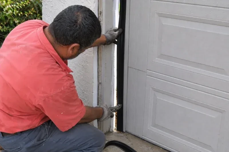 Gloved person holding a black strip along the side of a sectional garage-door opening — Garage Door Perimeter Weatherstrip, Burlington