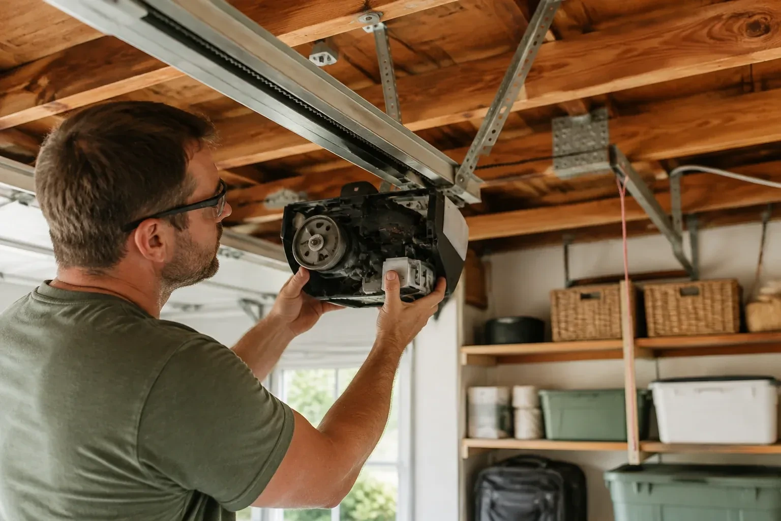 Person in a green shirt and glasses holding an opened opener housing that shows a gear, under wooden ceiling joists. — Belt-Drive Opener Repair, Burlington