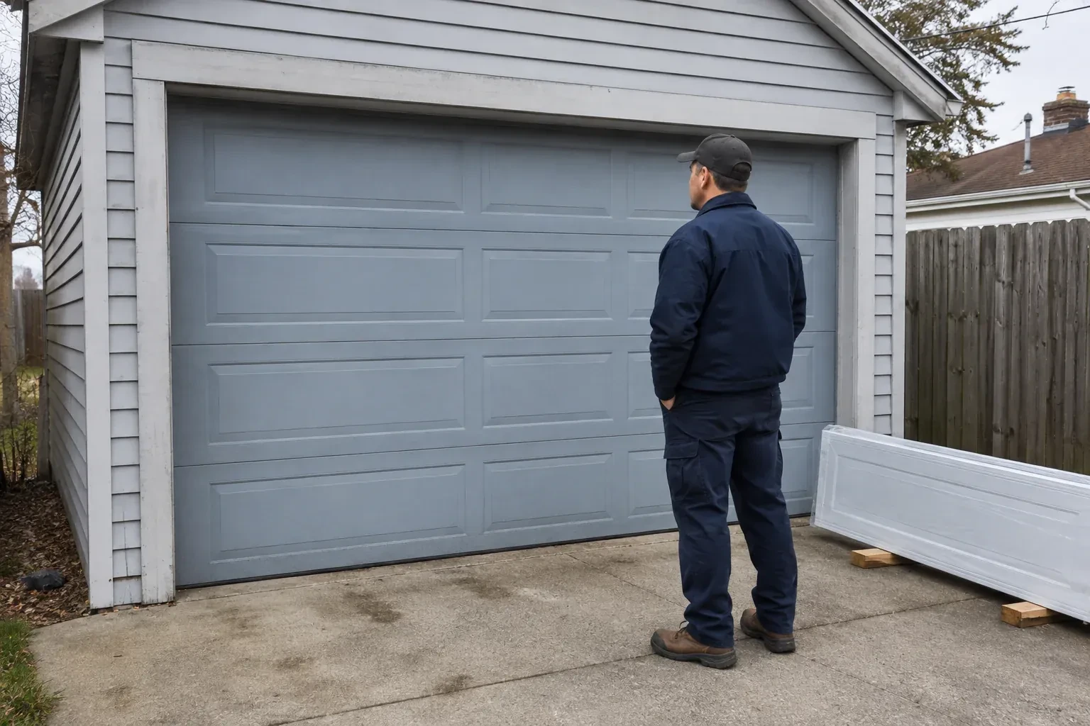 A person examines a blue-grey sectional garage door with a packaged door panel resting beside the driveway. — Sectional Garage Door Replacement, Burlington