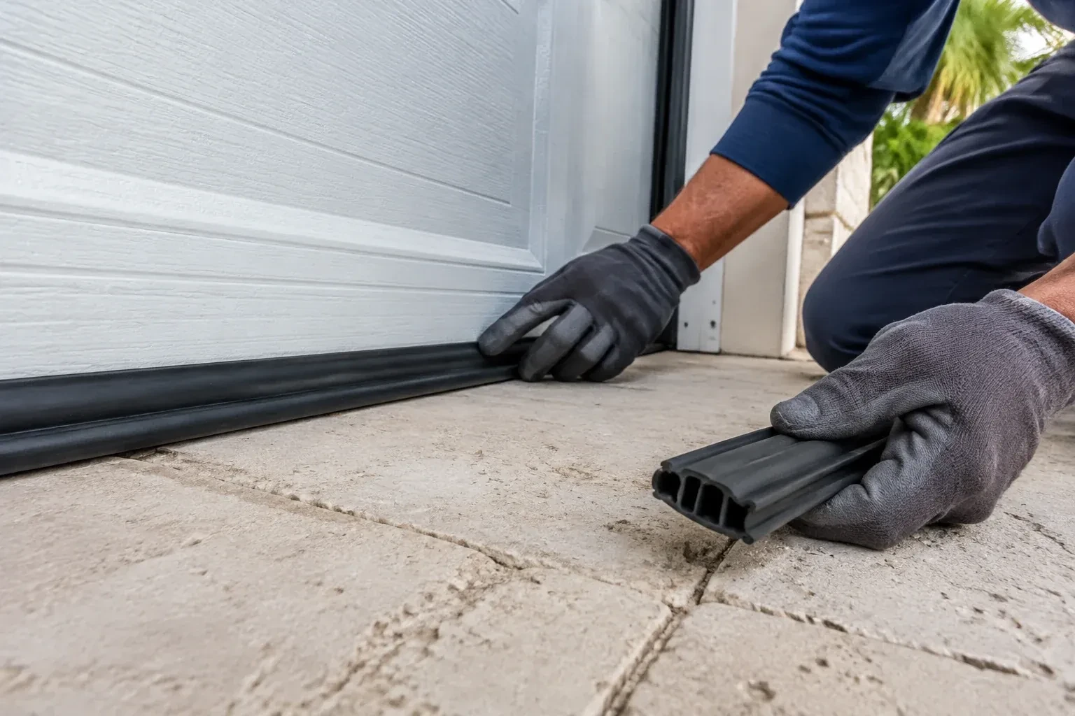 Gloved hands setting a black rubber seal along the base of a white garage door, holding a ribbed strip over paving stones. — Garage Door Bottom Seal Replacement, Burlington