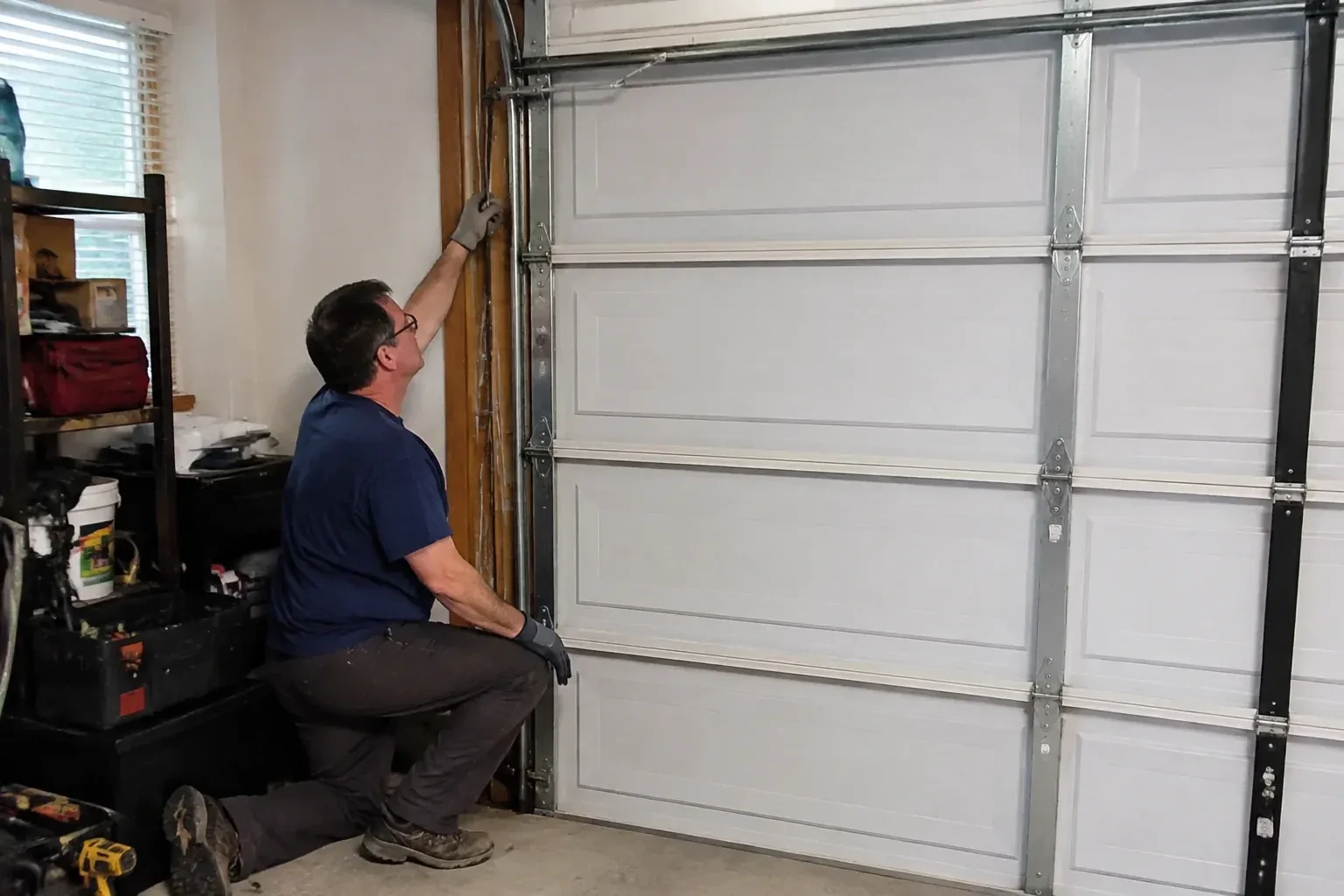 Person kneeling inside a garage reaching up along the vertical track of a white paneled door, with a toolbox and drill nearby. — Garage Door Cable Replacement, Burlington