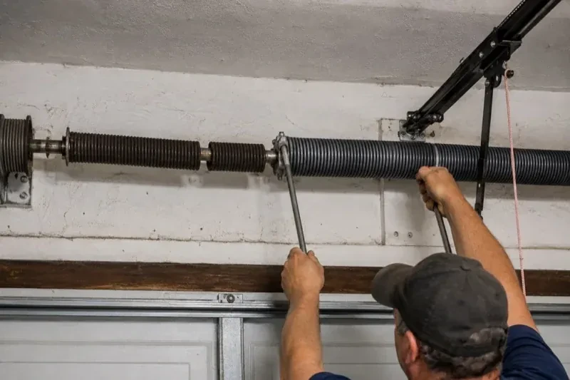 Person holding metal bars beside exposed coiled springs above a garage door. — Torsion Spring Replacement, Burlington