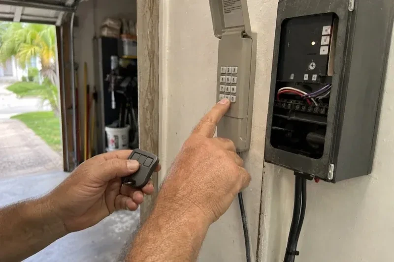Hands holding a small remote and pressing a wall-mounted keypad beside an open control box with visible wiring. — Garage Door Remote and Keypad Programming, Burlington