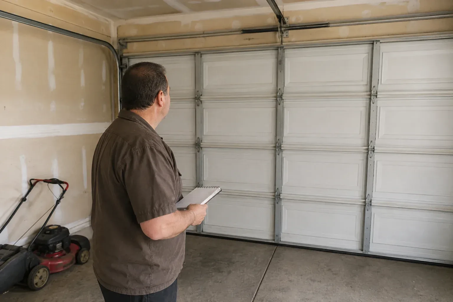 Technician holding a notebook while looking at a closed sectional door. — Garage Door Balance Adjustment, Burlington