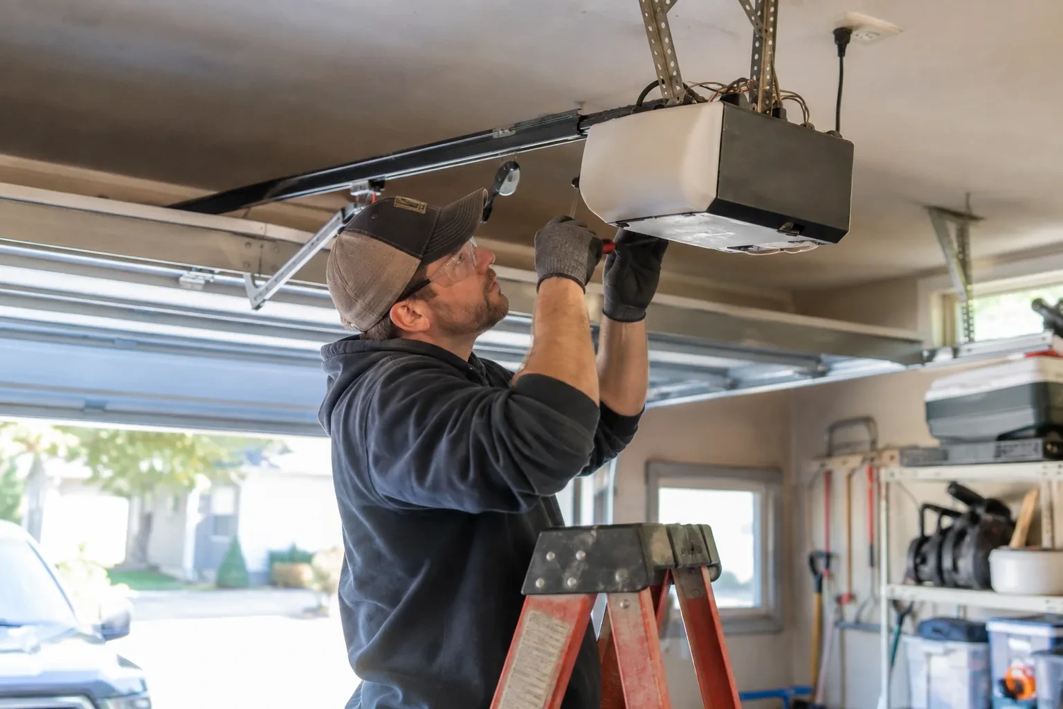 Technician in safety glasses on an orange ladder, holding a small screwdriver against a white and black opener with wires showing. — Roseland