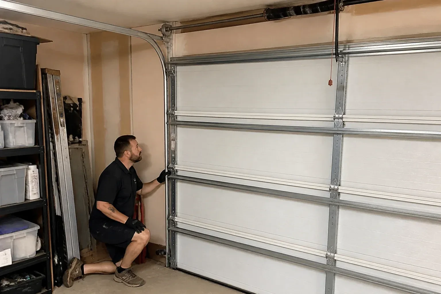A person examines the vertical side track of a closed garage door. — Garage Door Track Repair or Replacement, Burlington