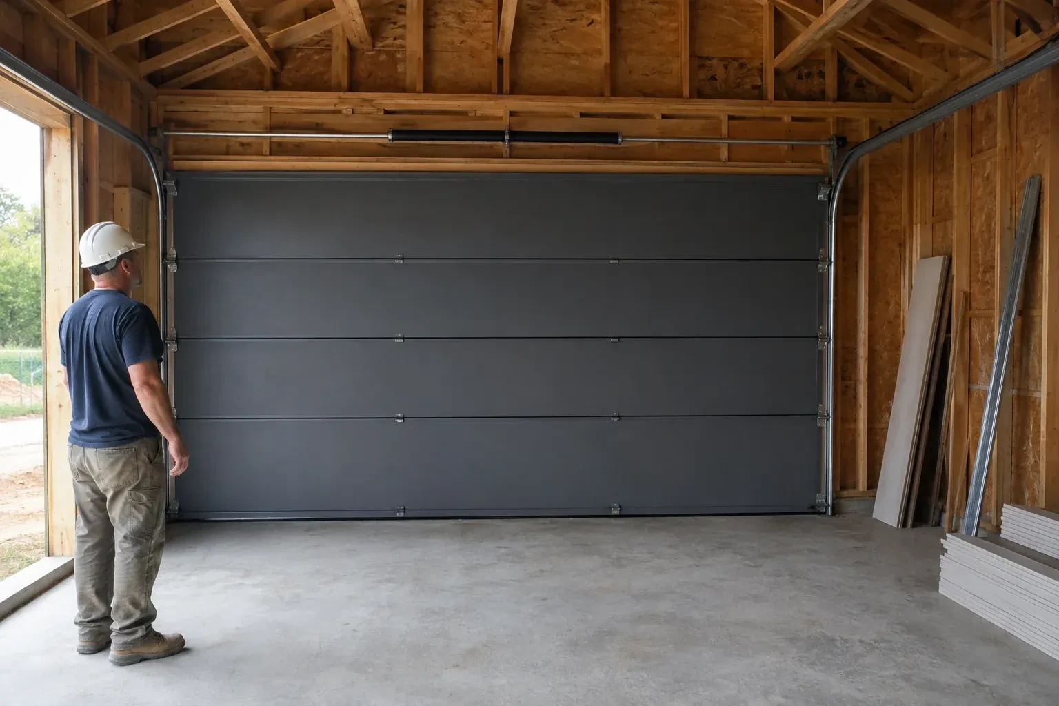 A person wearing a hard hat stands beside a dark sectional door in an unfinished timber-framed garage. — New-Construction Garage Door Installation, Burlington