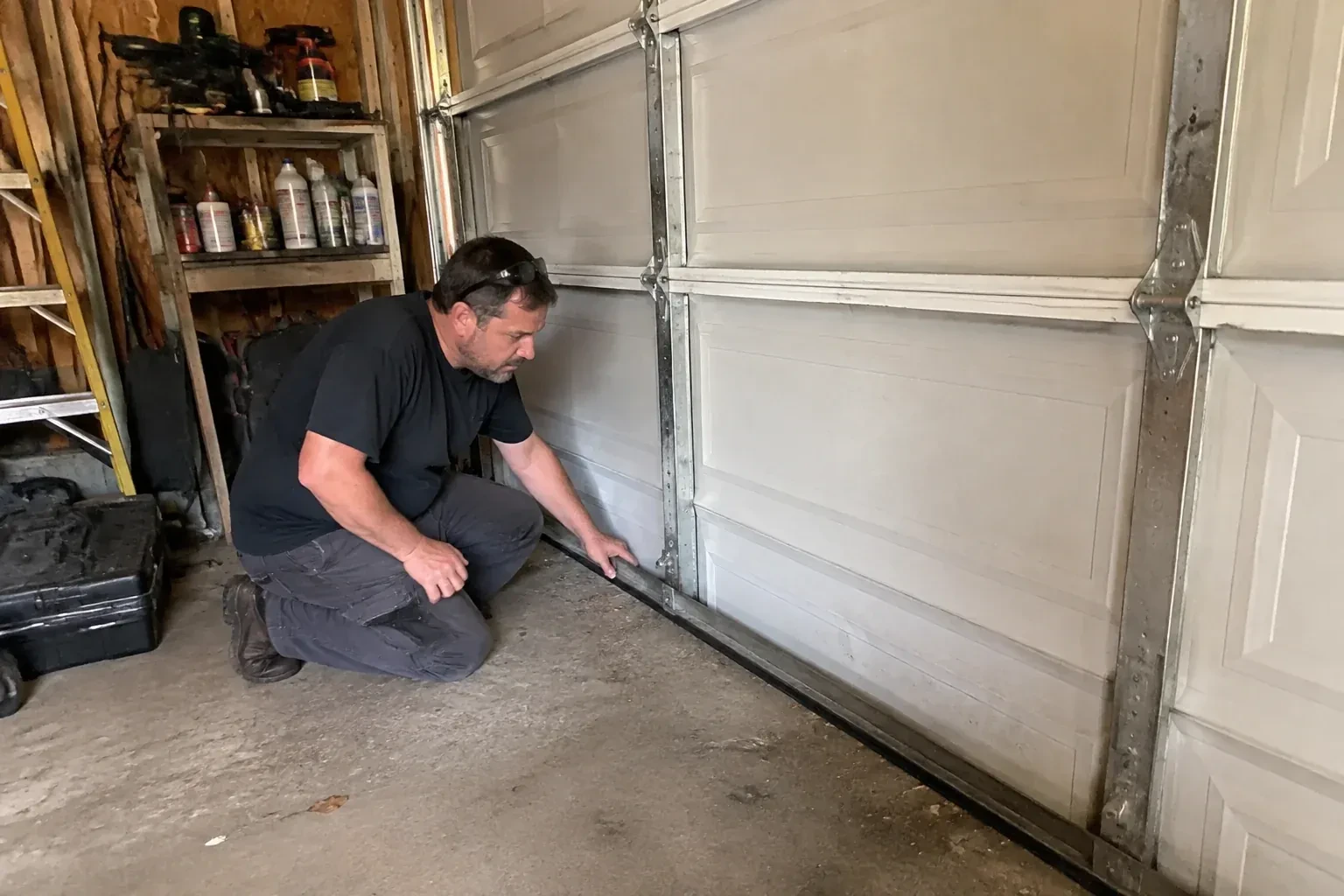 Person kneeling by a white paneled door in a garage, one hand on the black seal along its bottom edge. — Garage Door Roller Replacement, Burlington